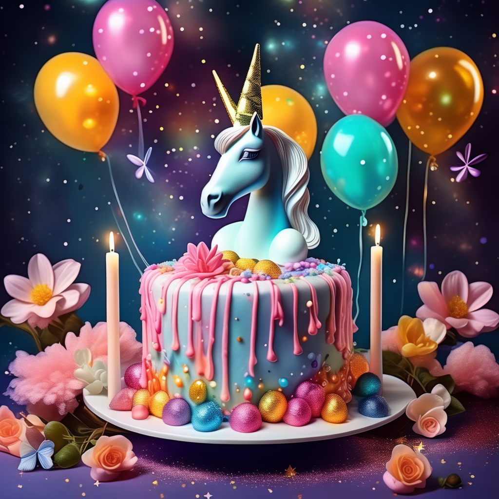 AI-generated magical unicorn birthday template with rainbow colors